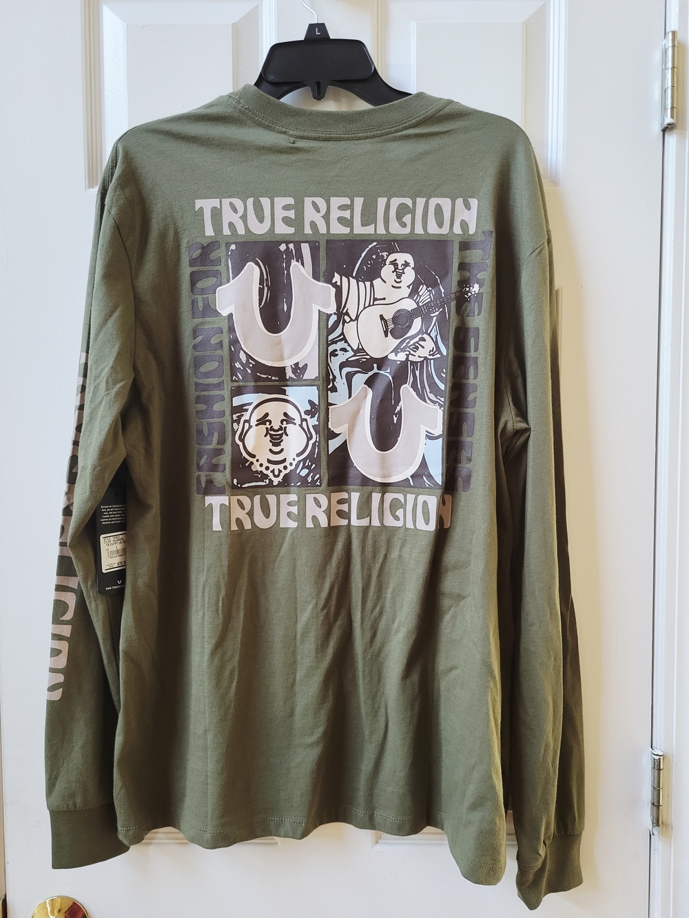 True Religion Long Sleeve Shirt Mens Large Olive Green New Buddha Graphic Cotton